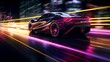 Witness the powerful acceleration of a speeding sports car on a neon-lit highway, with colorful lights and trails streaking along the night track. Rendered in 3D.