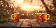 Two mugs of beer illuminated by the bright sun on a wooden table in a natural setting
