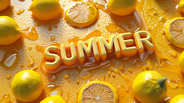 The inscription Summer is written on a textured yellow background with lemon. Background for a greeting card. Poster banner. Concept summer post. Summer pattern.