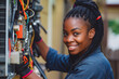 Black woman, electrician and ac repair for electrical system, fan maintenance and labor.