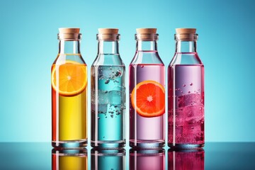  Bottle with multi-colored liquid or magic potion, medicine, colorful background