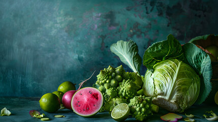 Wall Mural - still life and vegetables, green and pink colors