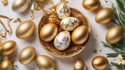 Wall Mural - Beautiful Easter background with golden Easter eggs on white table. Top view, flat style.