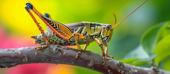 Wall Mural - Macro close up of a vibrant green grasshopper sitting on a lush branch in the forest