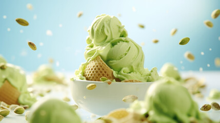 Wall Mural - Green pistachio ice cream with nuts ingredients, dessert food background