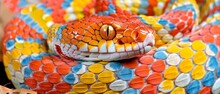 A Close Up Of A Snake's Head With Many Colors On It's Body And A Yellow, Orange, Blue, Yellow, Red, And White Snake's Head.