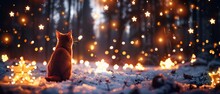 A Cat Sitting In The Snow Looking Up At The Stars That Are Falling Off Of The Sky In The Background.