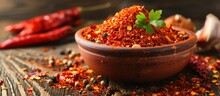 Vibrant Bowl Of Red Chili Powder With A Sprinkle Of Hot Chili Spice For Cooking Recipes