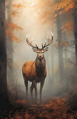 Wall Mural - Beautiful illustration of red deer stag in stunning forest landscape setting