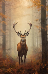 Wall Mural - Beautiful illustration of red deer stag in stunning forest landscape setting