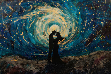 Wall Mural - A painting of a starry night with a silhouette of a couple embracing