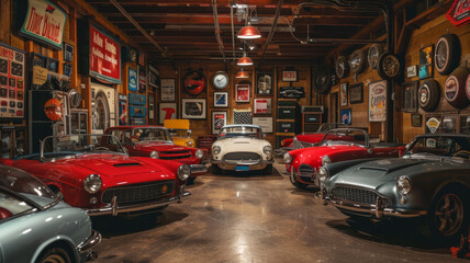 Naklejka na meble classic cars in a car enthusiast garage retro picture