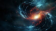 An artistic representation of a spiraling galaxy with dynamic interactions and vibrant colors