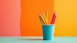 Colored crayons in a cup on isolated background. Copy space, generative AI image