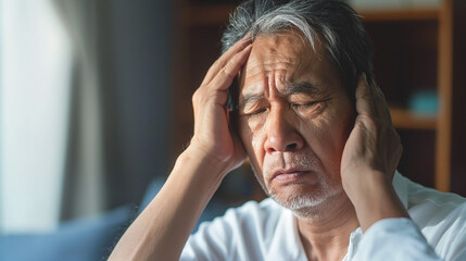 Asian elderly man with headache