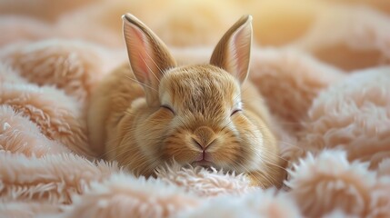 A small Mountain Cottontail rabbit sleeps on a fluffy blanket