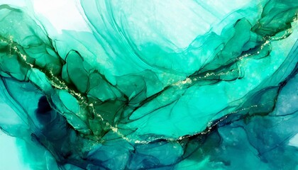 Sticker - abstract underwater painting background with green accent made with alcohol ink background modern turquoise wallpaper for print materials