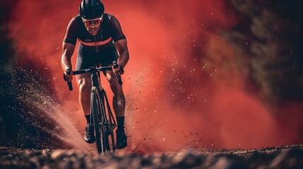 medium side view photography of a cyclist on a gravel bike riding on a gravel path, red studio background