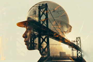 Poster - A portrait of a engineer with a double exposure of a blueprint and a bridge