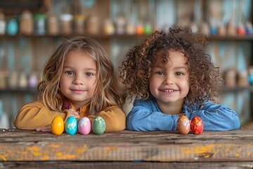 two children with painted  eggs on blurred background . happy easter concept. homemade, seasonal, religious holiday style
