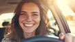 A charming young woman with a delightful smile takes control of the steering wheel as she drives a car