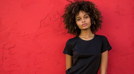 Poster - woman, shoulder length hair, wearing a black bella canvas 3100 shirt mockup, white bella canvas T-shir 