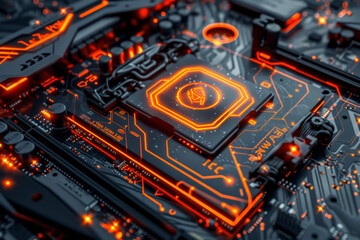 Poster - A processor with a orange and black design and a overclocking system on it