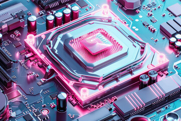 Poster - A processor with a pink and silver design and a gaming system on it