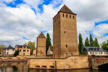 Wall Mural - View on medieval bridge Ponts Couverts over the  River Ill in Strasbourg, Alsace, France