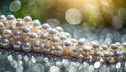 nature white string of pearls on a sparkling background in soft focus with highlights