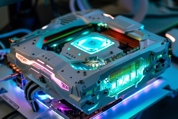 Poster - A processor with a white and silver design and a RGB lighting system on it