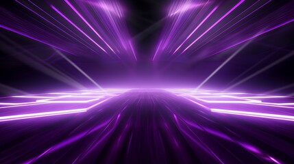 Poster - Empty Stage Background in Purple Color with Spotlights and Neon Rays. Abstract Background with Neon Lines and Glow.