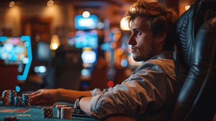Wall Mural - Man Sitting at Casino Table With Chips