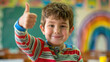 Happy Schoolboy Giving Thumbs Up in Classroom - Success and Positive Feedback Concept