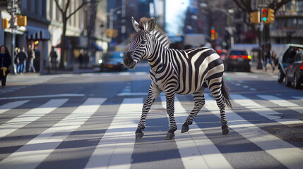 A zebra in a striped suit blending in at a crosswalk a playful urban camouflage scene