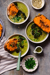 Wall Mural - Roasted broccoli soup with melted cheddar croutons.style hugge.selective focus