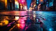 Multi-Colored Neon Lights on Dark City Street with Reflections in Water. Abstract Night Bokeh Background.