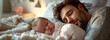  baby and dad fast asleep in a bedroom bed.father and daughter concept