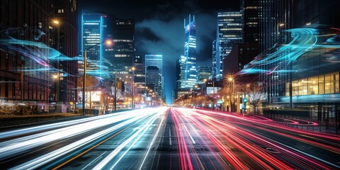 Wall Mural - captivating long exposure shot of a bustling city at night with vibrant lights and urban activity