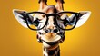 Portrait of giraffe with glasses on yellow monochrome background. Concept of vision. Creative design. Space for text, free space, copyspace.