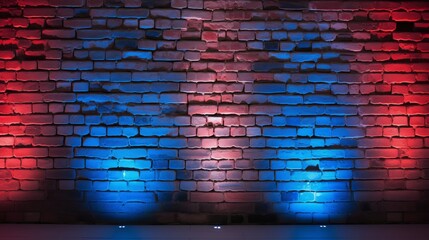 Sticker - Red and Blue Lighting Effect on Brick Wall for Party Happiness Concept. Product Placement Showcase.