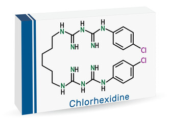 Poster - Chlorhexidine disinfectant and antiseptic drug molecule. Skeletal chemical formula. Paper packaging for drugs