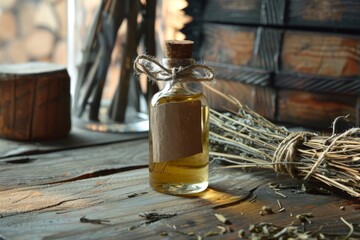 Poster - Essential sage oil and twigs on table