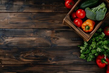 Wall Mural - Fresh veggies in wooden crate top view Room for text