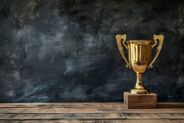 Golden trophy on wooden table with blackboard for writing