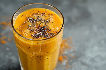 Canvas Print - Gray background selective focus nutritious and beneficial carrot smoothie or juice with flaxseeds