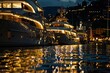 A cinematic capture of a row of opulent yachts docked in an Italian harbor, their shimmering lights casting enchanting reflections on the tranquil waters beneath the night sky