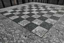 Chessboard On A Stone Table In A Public Park (brooklyn New York City) Chess Board Checkered Squares Pattern Close Up Detail Black And White Game Outdoors