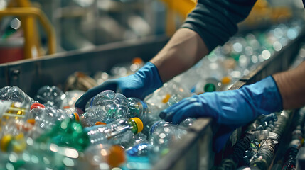 Wall Mural - The hands of the employee in gloves are close-up. On the conveyor for recycling and sorting garbage from plastic bottles, glasses of different sizes, garbage sorting and recycling concept