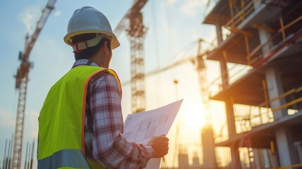 A construction worker wearing a hard hat and high-visibility clothing examines a blueprint at a building site. AIG41